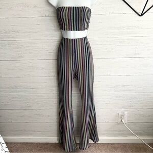 PRIMI Striped Multi color Two Piece Crop Tube Top and High Waisted Flare Pants